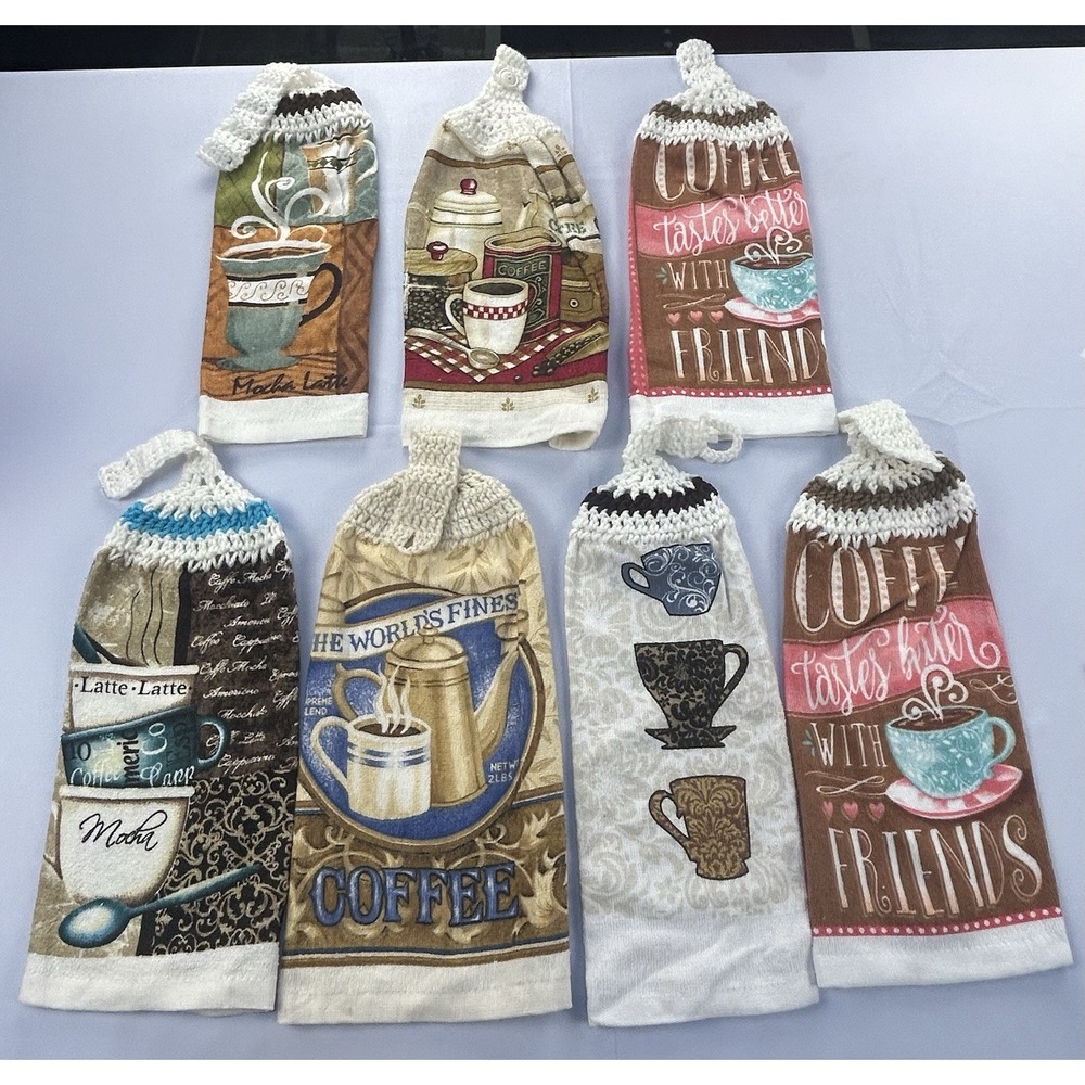 Coffee Hanging Kitchen Towels Lot 7 Crochet Top Unused Cafe Latte Mocha Decor
